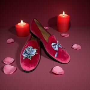 LoveShackFancy Stubbs Wootton Pink Velvet Rose Bow Embroidered Slippers Sz 8